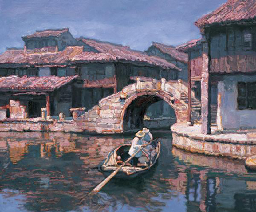 Wasserstadt im Licht der Morgendämmerung Chinese Chen Yifei Ölgemälde